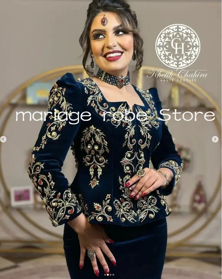 Navy Blue Velvet Mermaid Prom Formal Dresses Arabic Caftan Tea-length Peplum Karakou Algérien Albanian Evening Dress customsized