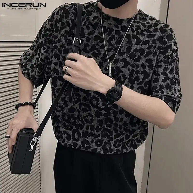 INCERUN Men\'s T Shirt Leopard Print O-neck Short Sleeve Casual Men Clothing Streetwear 2024 Loose Summer Loose Fashion Camisetas