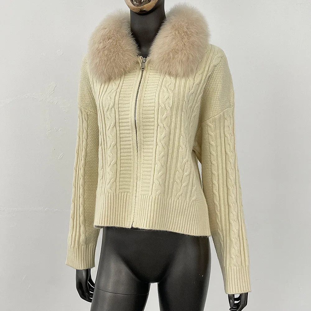 BJTZ ساحة الرقبة ريال فوكس الفراء كابل متماسكة سترة معطف للنساء ربيع الخريف أنيقة تنوعا سحاب أكمام طويلة سترة علوية