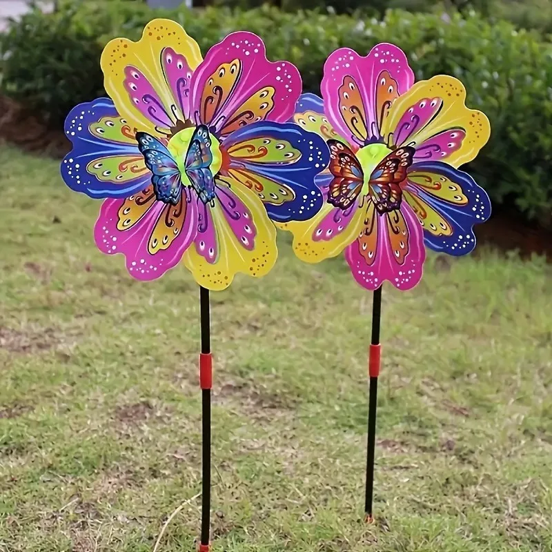 Colorful 3D Butterfly Wind Spinner - 20.86in Plastic Windmill Toy for Outdoor Garden Party Decoration, No Battery Needed