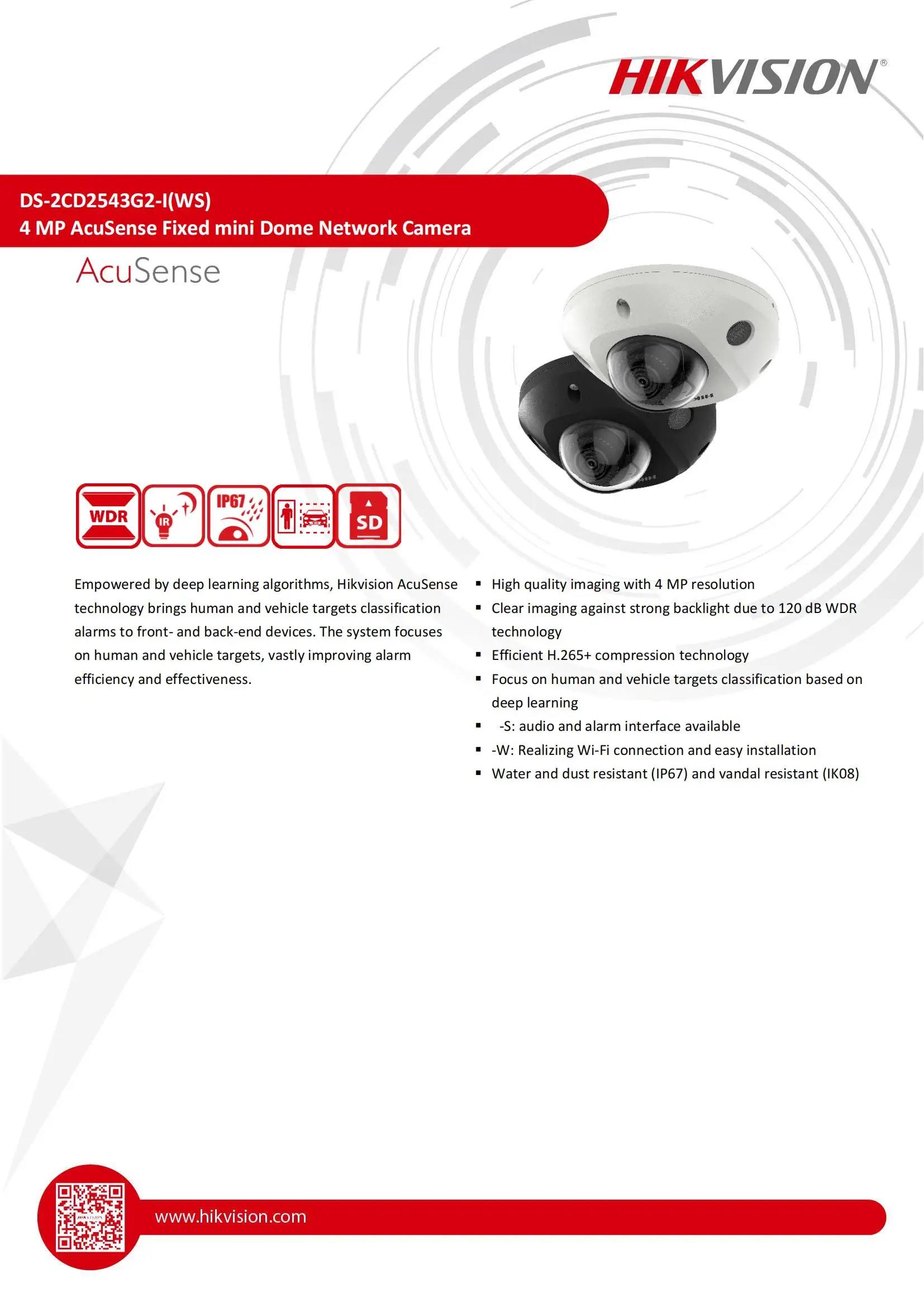 Hikvision 4MP AcuSense mini Dome IP Camera Wi-Fi Audio Alarm DS-2CD2543G2-IWS