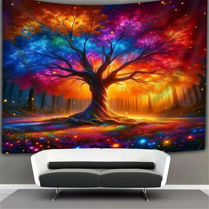 Serene Life Tree Landscape Tapestry, Rainbow Glowing Magic Forest Colorful Starry Mystic Scenery Wall Cloth Home Cozy Backdrop