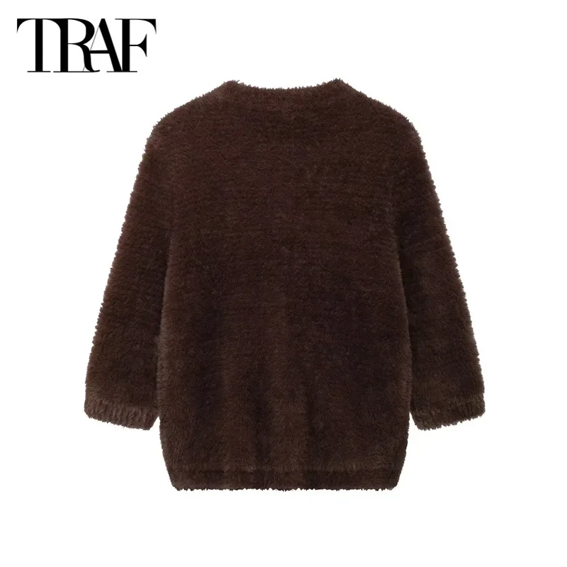 TRAF 2024 Women Brown Faux Fur Cardigans Autumn Winter Cropped Knitted Outerwears Ladies Fashion Casual Short Knitwear Coats