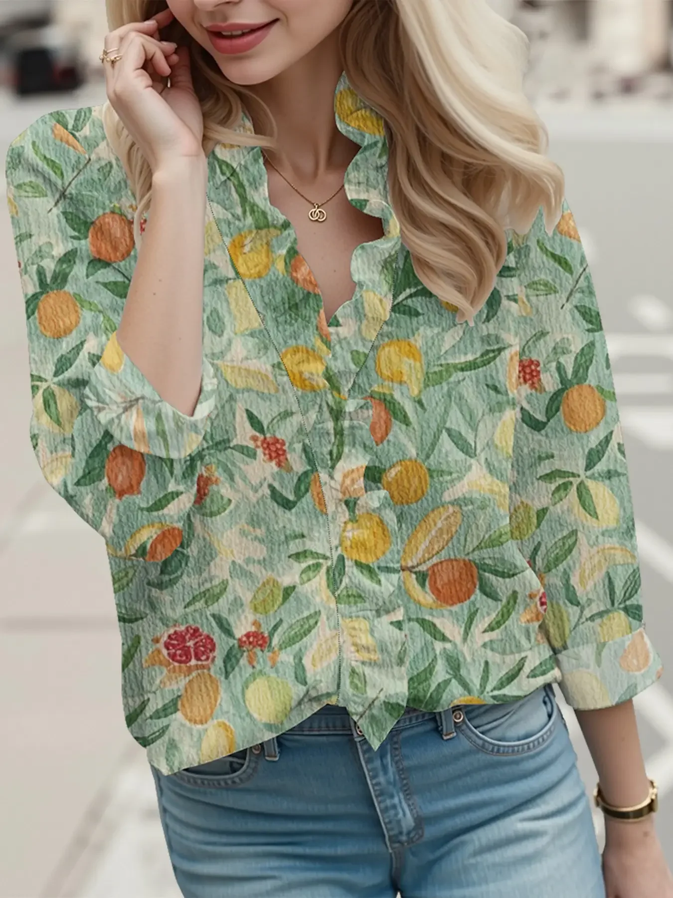 Autumn new V-neck casual top, women's long sleeved lace shirt, retro floral print design, Casual and Elegant Hoodie