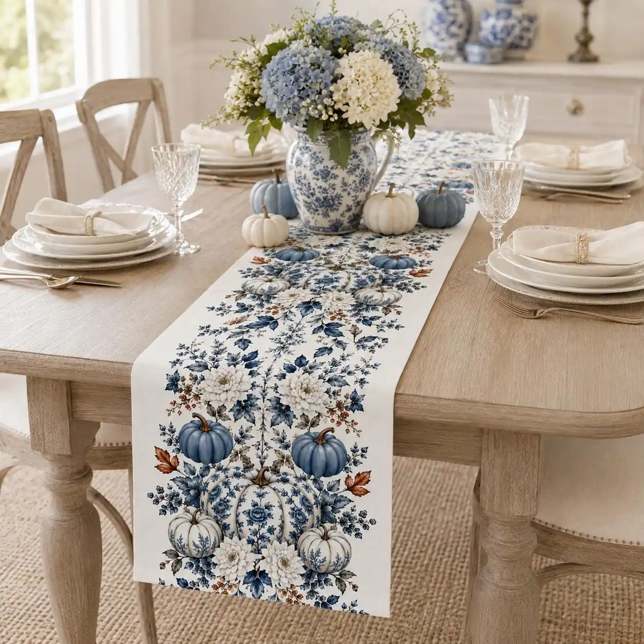 1pc 2D Flat Blue White Pumpkin Table Runner, Chinoiserie Floral Fall Home Decor for Thanksgiving