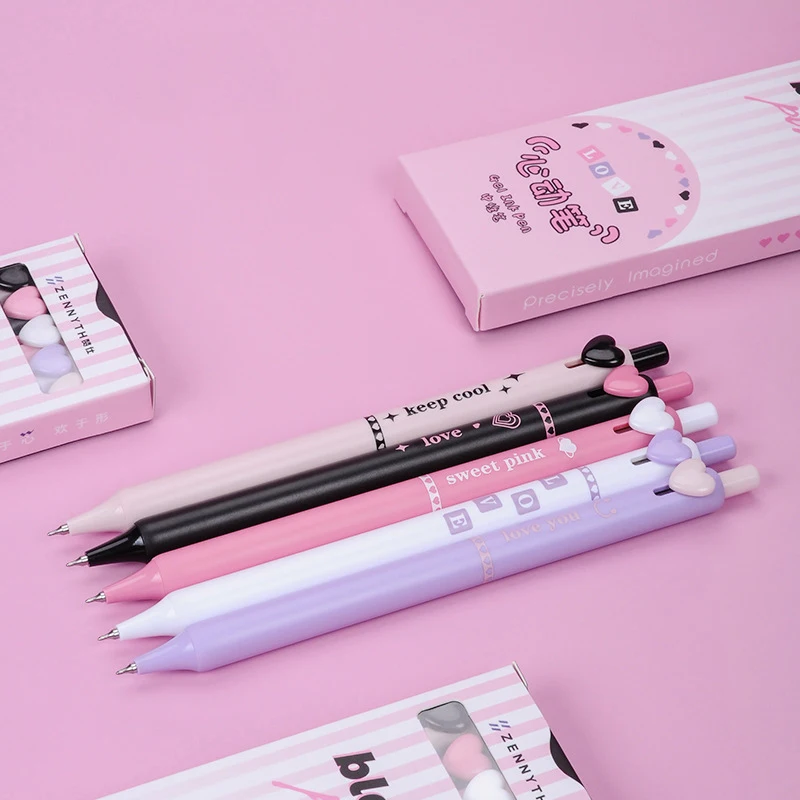 5Pcs Fashion Pressing Gel Pen Cute Signature Pen Sweet Heart Button Writing Pens Office Supplies Student Stationery Gifts