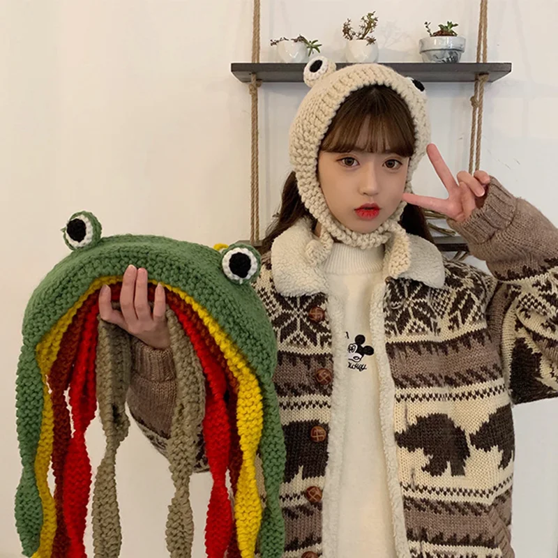 2021 Fashion Autumn Winter Frog Hat Beanies Knitted Hat Solid Hip-hop Cute Knitted Hat Cap Ladies Girls Warm Winter Bonnet