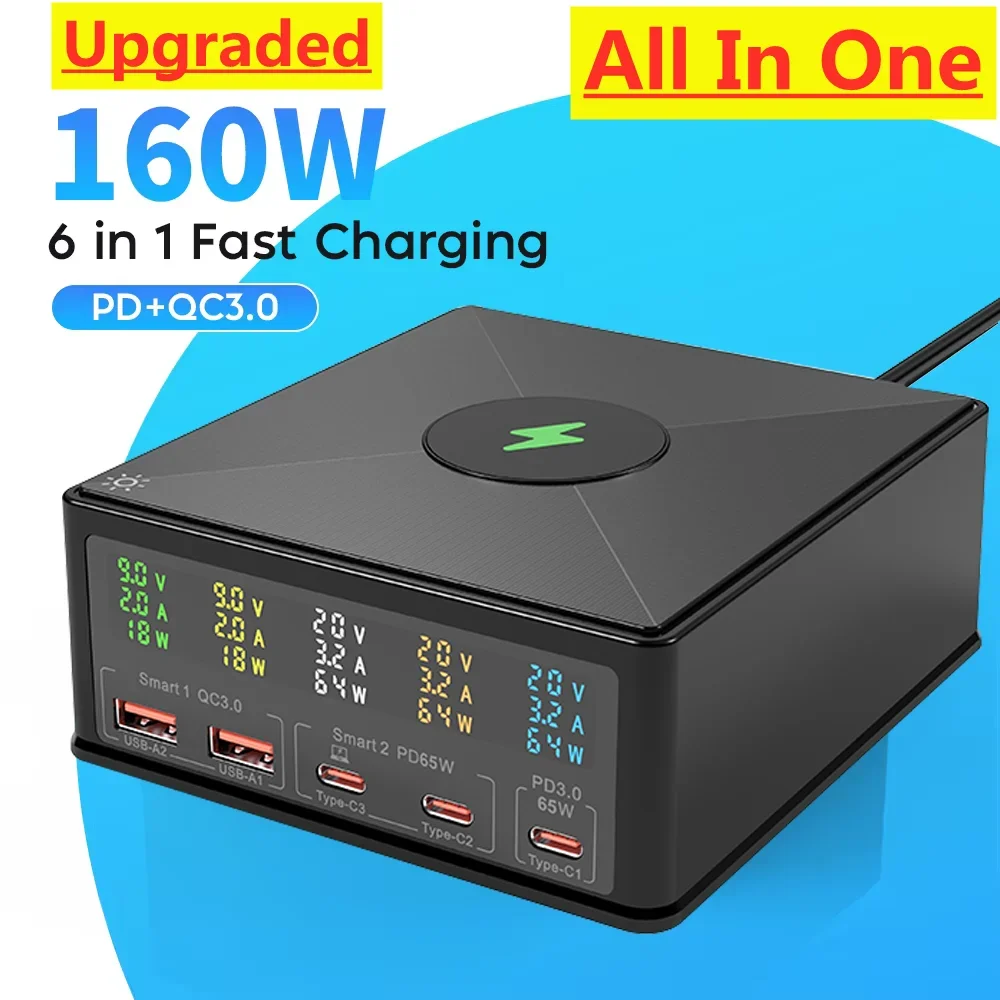 160W USB C GaN Charger Desktop Wireless Charger PD 65W 140W 100W Fast Charging Station Power for MacBook Tablet iPhone Samsung