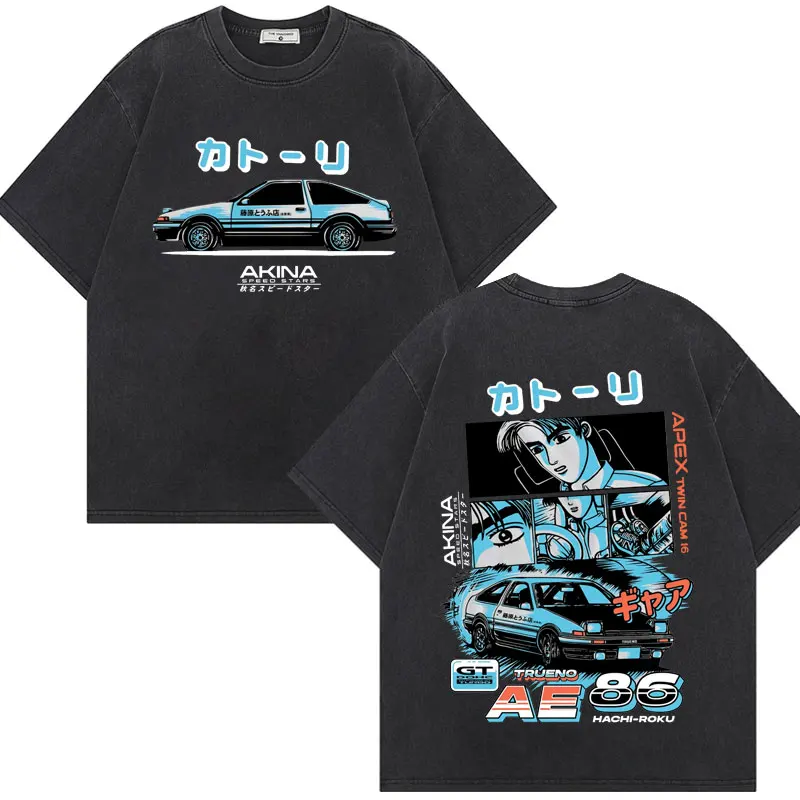 Anime Initial D Drift AE86 Graphic T Shirt Takumi Fujiwara R34 Skyline GTR JDM T-shirts Men Women Fashion Vintage Washed T-shirt