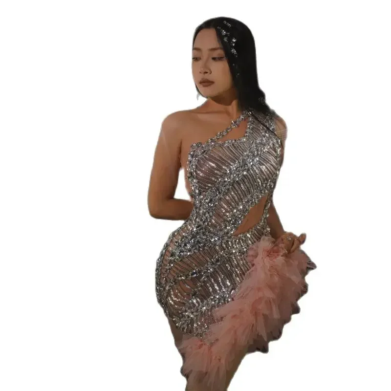 Sexy Schräge Schulter Pailletten Strass Kleid Frauen Party Abendkleider Jazz Dance Kostüm Bühne Festival Outfit XS6587