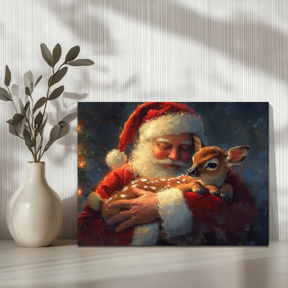 1pc,Santa Claus Holds A Cute Little Deer In The Magical Atmosphere Of Christmas Eve G, Modern Canvas Wall Art, Framed, 16x12inch