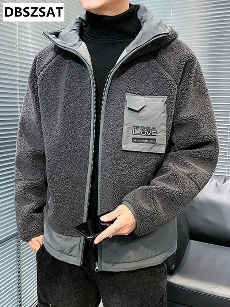 Blusão com capuz e bolsos no peito masculino, casaco quente, parka de lã grossa, casaco térmico, streetwear, moda nova, inverno, 2022