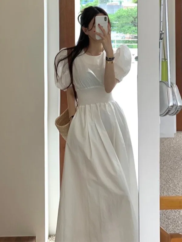 

Ele White Summer Dr Женская милая юбка макси Sweet Sle Bubble Sve для похудения на талии, большая распашная юбка, длинная Dr