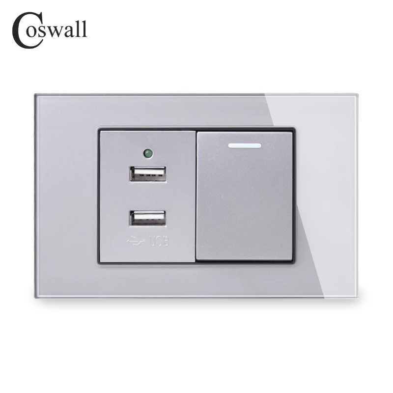 Coswall US Size Tempered Glass Panel Eu Standard 2 USB Charge Port Output With Pass Through Stair Rocker 1 Gang Switch Switched