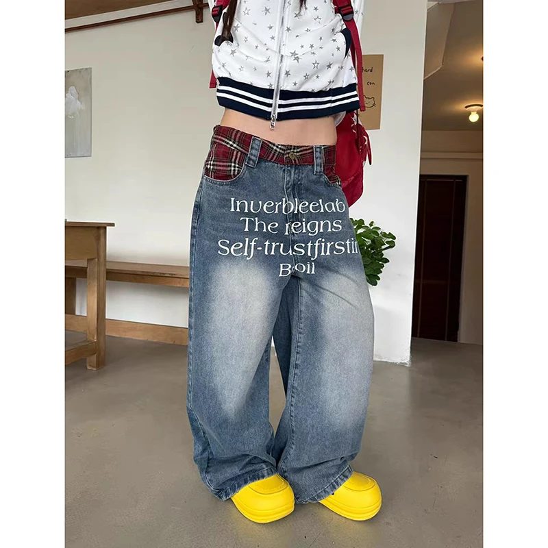 

Blue Y2k Baggy Patchwork Plaid Jeans Women Harajuku Vintage Oversize Denim Trousers Aesthetic 90s Style Letter Print Jeans Pants