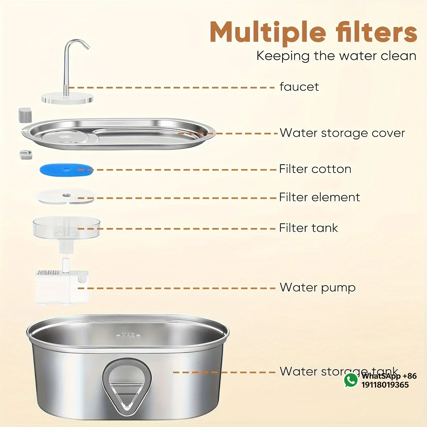 Applicable to3.5L Stainless Steel Cat Water Fountain with Water Level Window Pet Fountain Cat Dog Water Dispenser for Multiple C