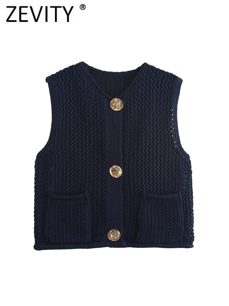 Zevity New Women Sleeveless Big Buttons Design Hollow Out Crochet Short Knitting Vest Sweater Female Chic Waistcoat Tops SW6265