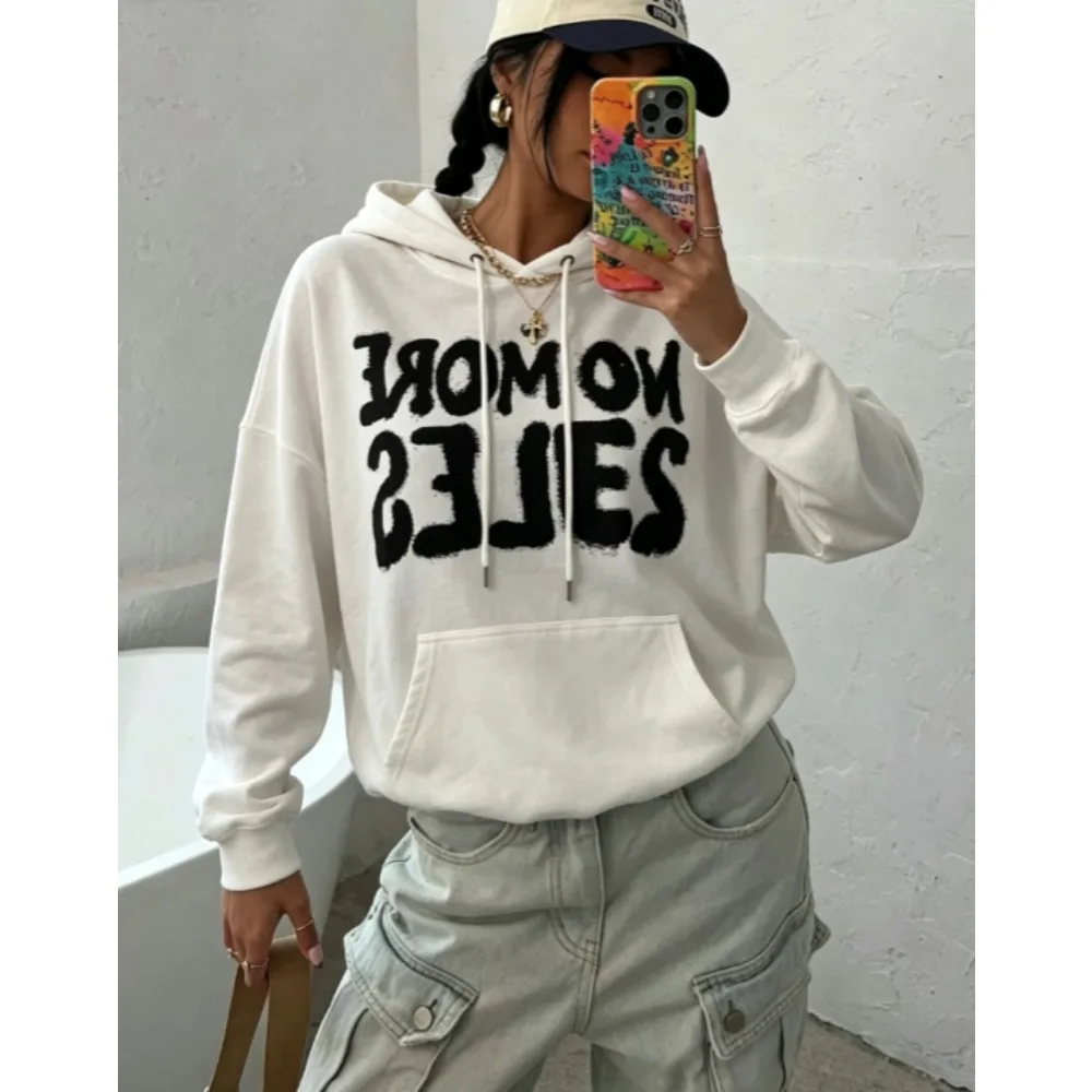 No More Rules Reverse Letter Graphic Hoodie Women Long Sleeve Drawstring Pocket Hooded Sweatshirt Graffiti Slogan Print Loose