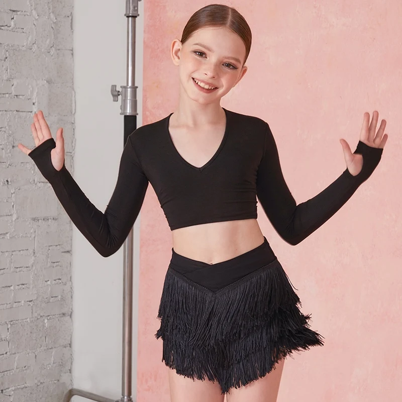 ZYM Girls Latin Dance Clothes Fringe Skirt Cha Cha Rumba Dance Skirt Performance Costume Kids Latin Practice Clothing DNV21738