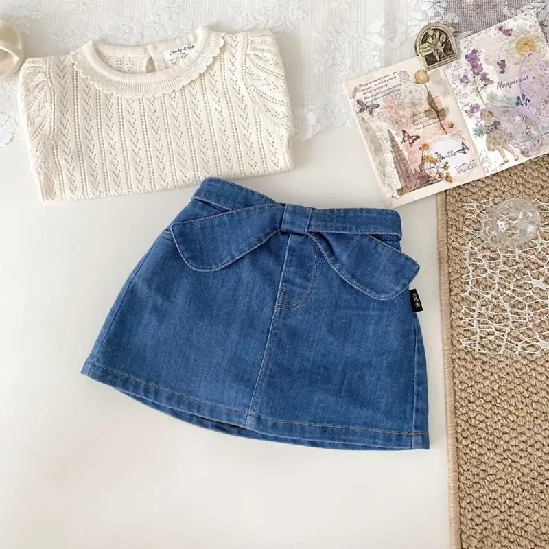 Baby Girl Bow Tied Short Skirt Pants 2025 Summer New Summer Girl Cute Denim Half Skirt Short Skirt
