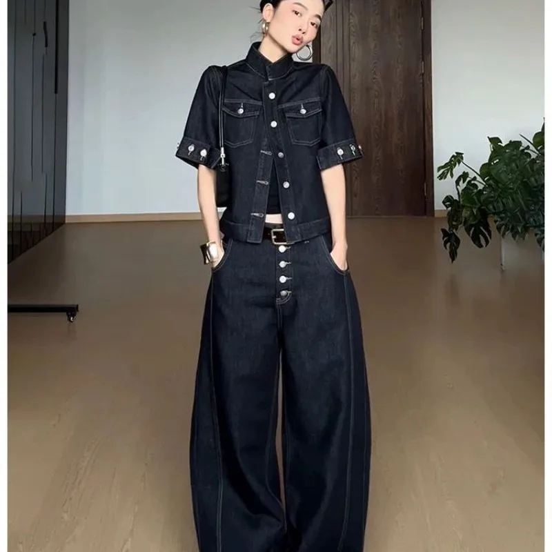 

Retro Single-row Denim Suit, Summer Wide-leg Pants Short-sleeved Trousers Jacket Advanced Two-piece Summer Dress, A Complete Set
