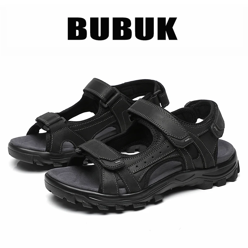 Bubuk Men's Outdoor Sandals Made of Top-Layer Cowhide, Non-Slip Thick-Soled Sports Beach Sandals, with Velcro Adjustment, Suitable for Commuting, Hiking, Fishing, and Casual Wear