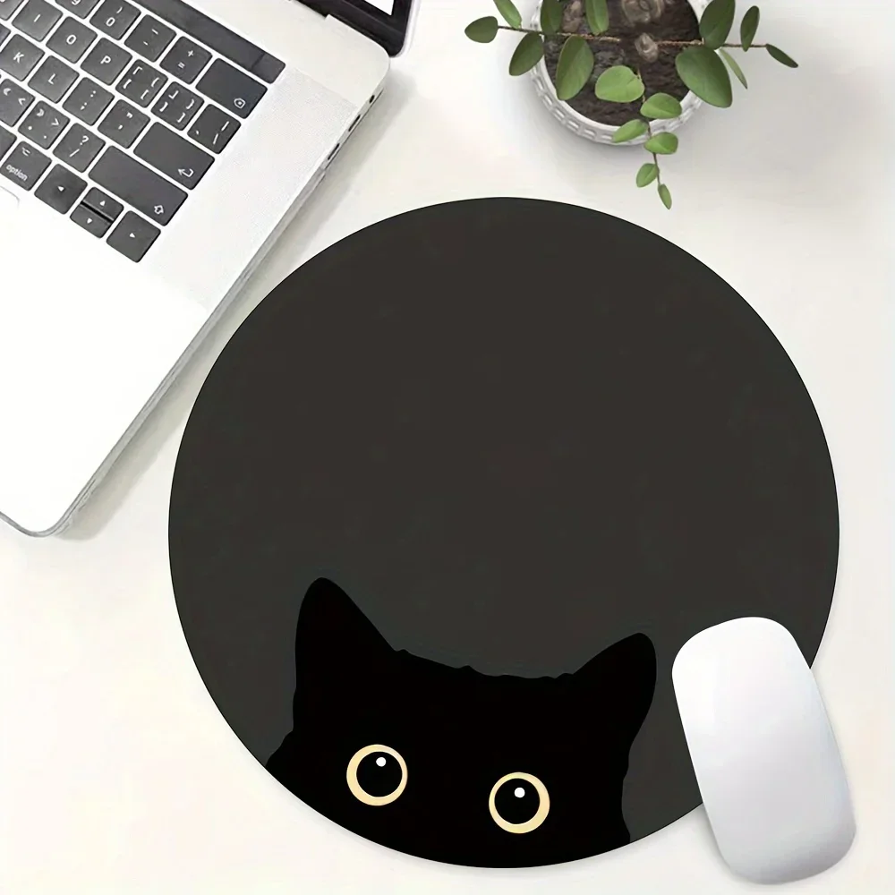 Personalized Black Cat Round Mouse Pad Non-Slip Rubber Round 20x20 Desk Mat for Office Computers Laptop Suitable for Women Girls