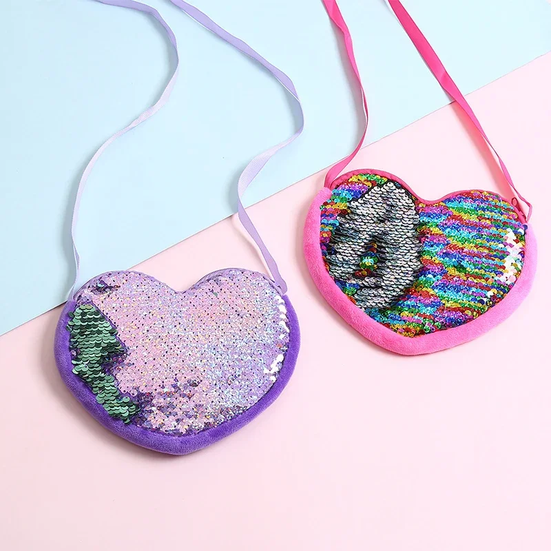 Cute Princess Sequins Heart Shape Baby Bag Solid Color Kid Coin Purse Shiny Shoulder Handbag for Toddler Girls