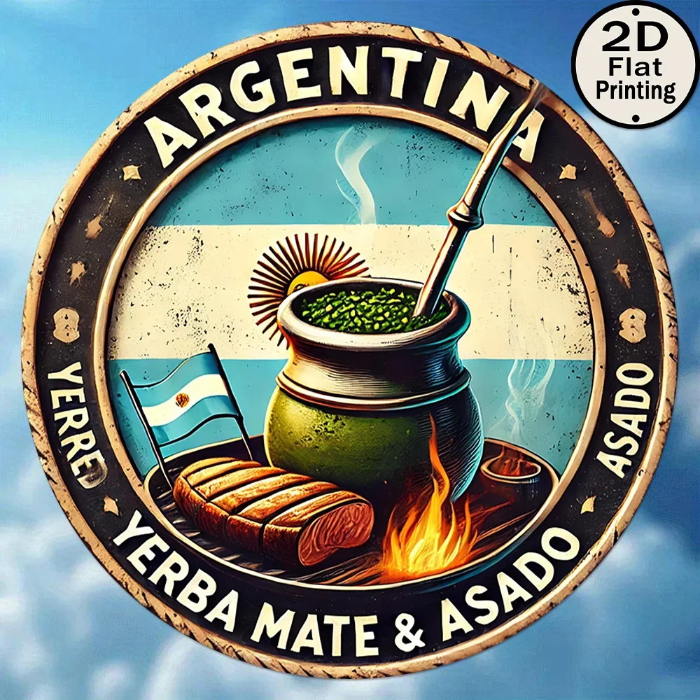 2D Flat Round 8x8 Inch Vintage Aluminum Sign, Argentinian Yerba Mate & Asado Traditional BBQ Wall Decor