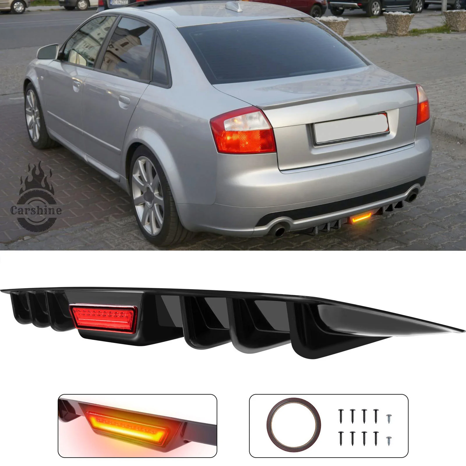 

Glossy Rear Lower Bumper Diffuser w/LED Tail Light Lip Shark Fin For Audi A4 2008-2016