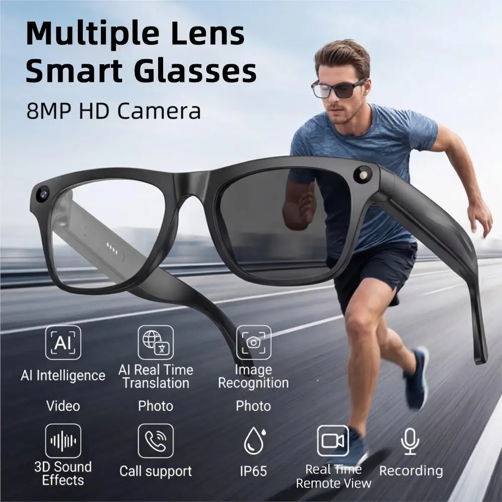 

Smart Glasses 800W Shooting Camera HD Photo Remote Video View Voice Recording AI Translation Bluetooth Call Anti bluelight UV400