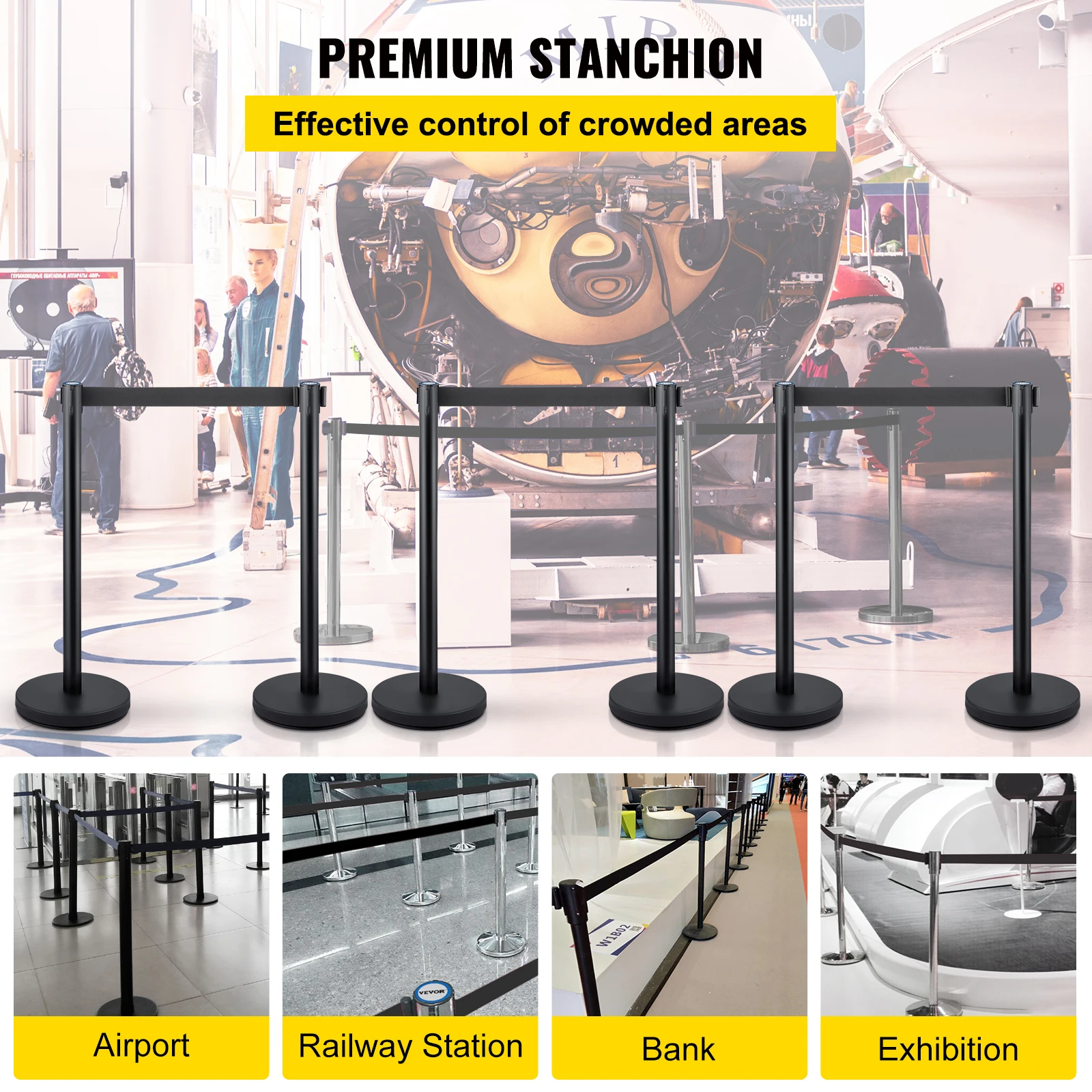 VEVOR Crowd Control Stanchions 6-Pack with 3PCS 6.6 ft Retractable Belt Stanchion Posts Queue Pole for Crowd Control Barriers