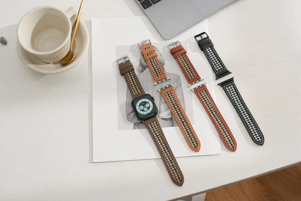 Houndstooth و الجلود حزام ل سوار ساعة يد آبل 38 مللي متر 42 مللي متر 40 مللي متر قماش حلقة SE1 2 3 4 5 6 7 ل iwatch 44 مللي متر 45 مللي متر 41 مللي متر المعصم كوريا
