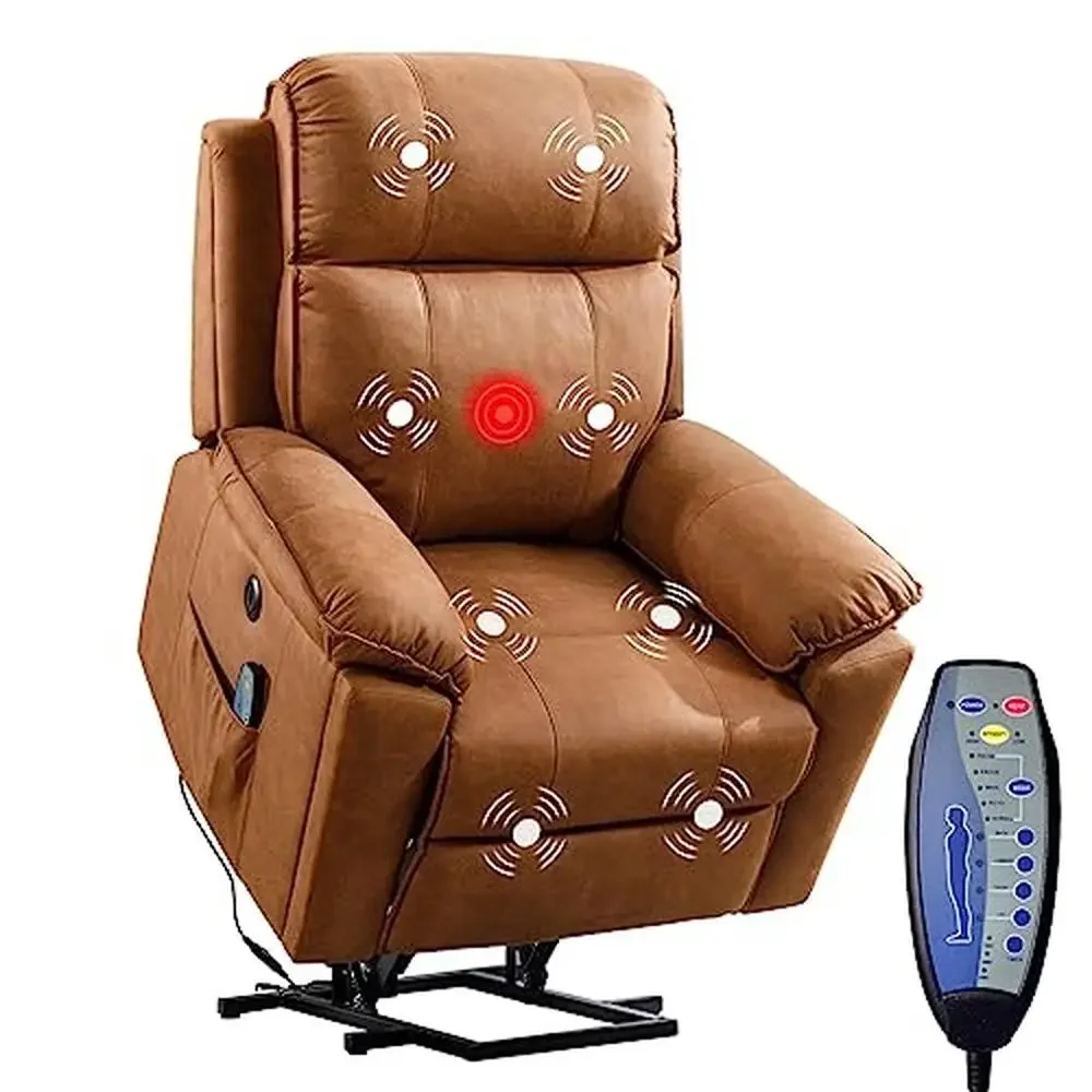 Massage Heat Lift Chair Elderly with USB Port and Cup Holders Wood Frame 350lbs Capacity Brown Solid Back Armrest Recliner