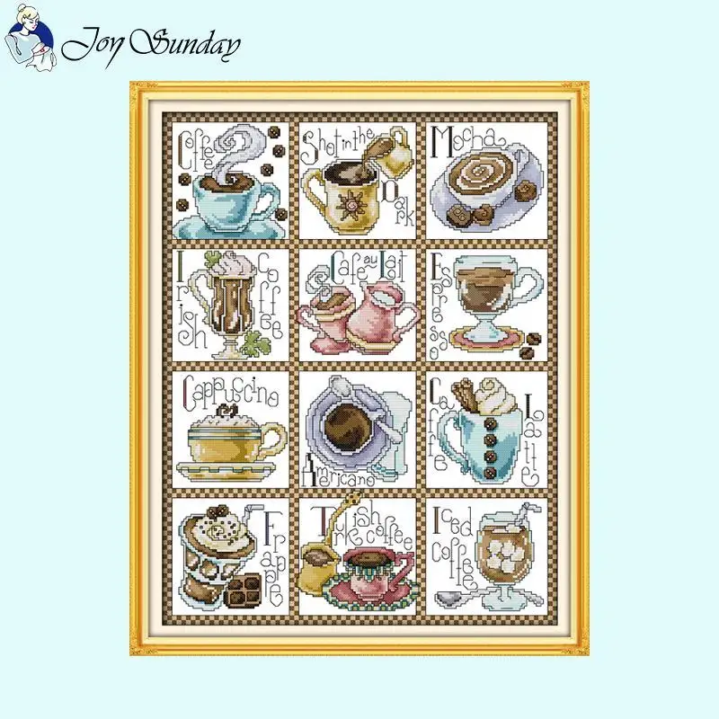 Twelve Months Coffee Cross Stitch Set 14ct 16ct 11ct Count Canvas Print Fabric Embroidery Needle Thread Kit DIY Home Decor Gifts