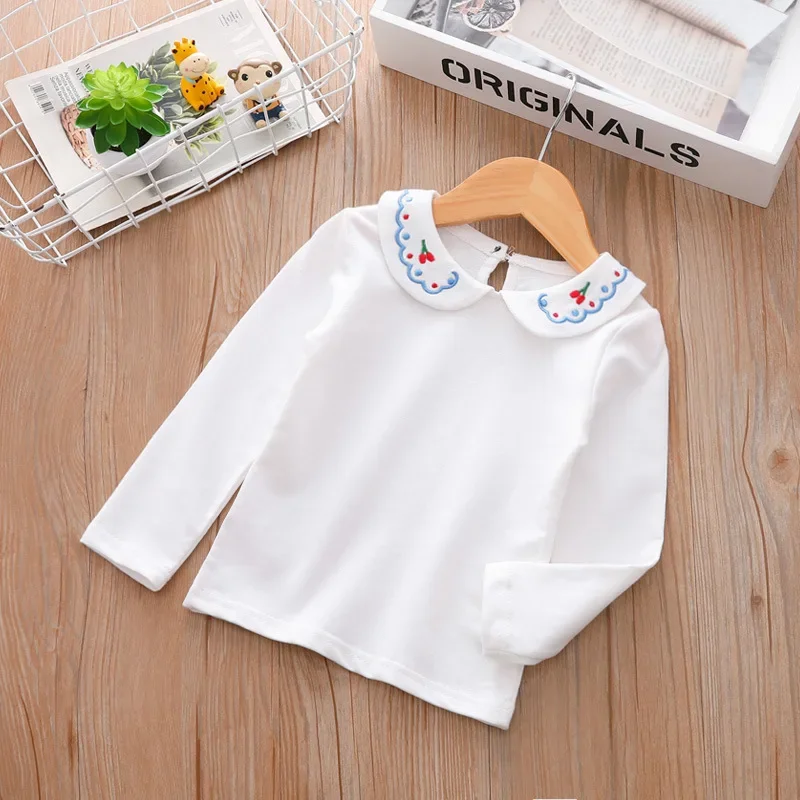 Children\'s Clothing Girls\' Doll Neck Long Sleeved T-shirt Pure Cotton Baby White Bottom Shirt Girls\' Top Foreign Style