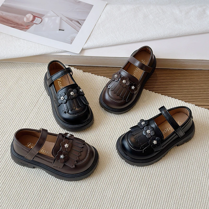 

2026 Vintage Girls Platform Mary Jane Loafers School Uniform Kids Leather Shoes Tassel Flower Children Perform Party Dress Shoes