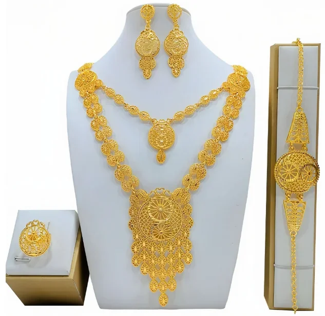 Dubai Gold Color Plated Jewelry Set For Women Multicolor Rhinestone Elegance Charm Necklace Earrings Sets Wedding Party Gift