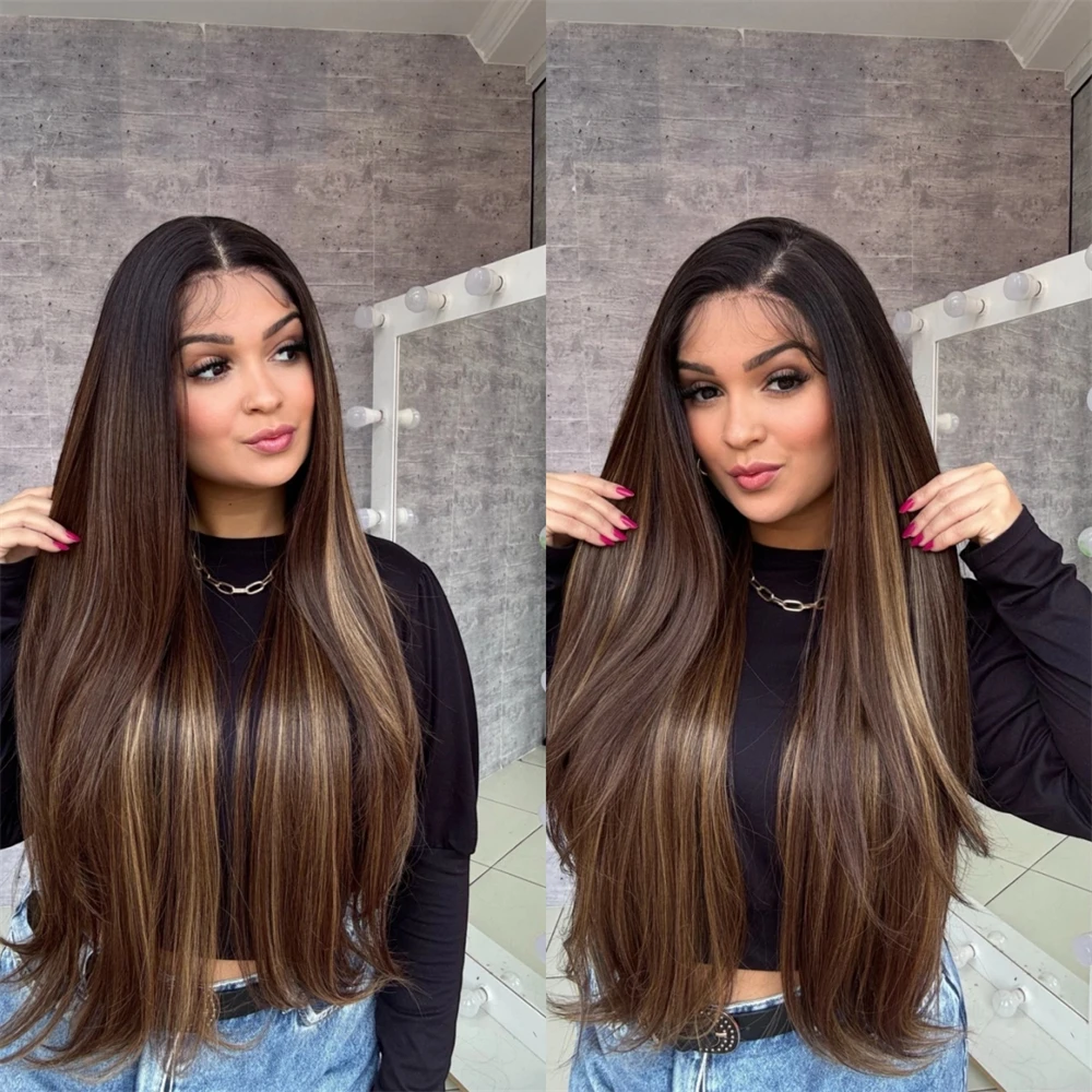 13x4 Free Part New In Ombre Warm Brown Synthetic HD Lace Front Wig for White Black Women Glueless Wig Small Large Szie Cap 28''