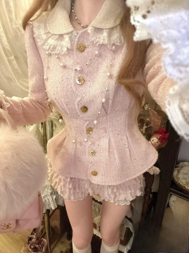 Conjunto francés elegante de 2 piezas de color rosa dulce para mujer, abrigo elegante + falda encantadora, nuevo diseño, moda ajustada, trajes de puro deseo rosa 2025