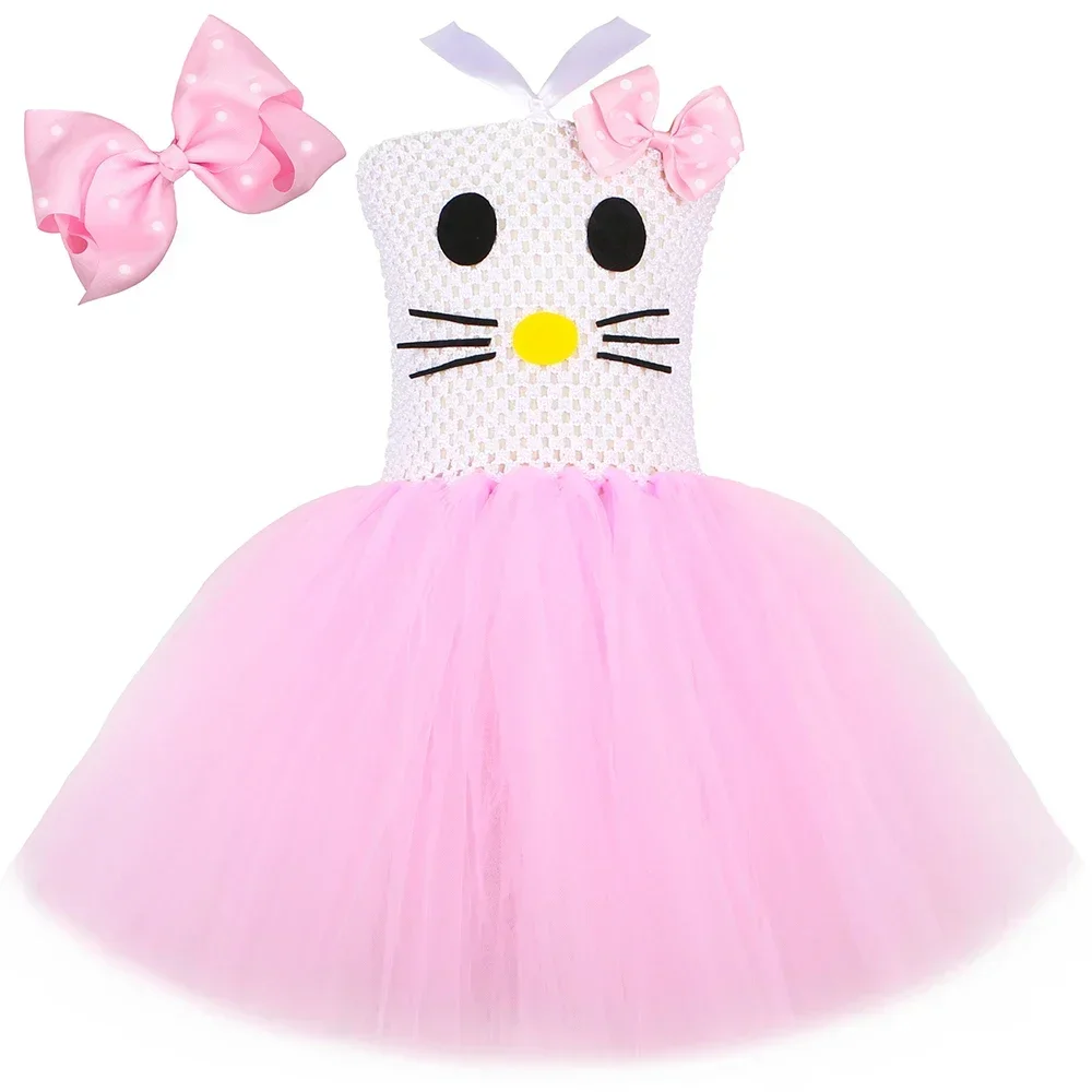 Kitty Costume for Girls Pink Tulle Tutu Dress Birthday Party Princess Dress Toddler Kids Halloween Cartoon Cat Dress Up Clothes