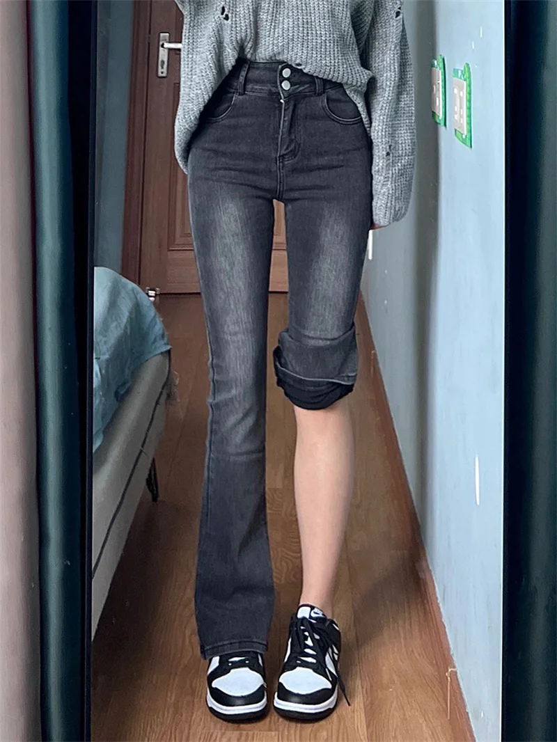 

Расклешенные джинсы с высокой талией, женские прямые эластичные джинсы больших размеров, утягивающие бедра, груша-колокольчик, темно-синяя джинсовая ткань