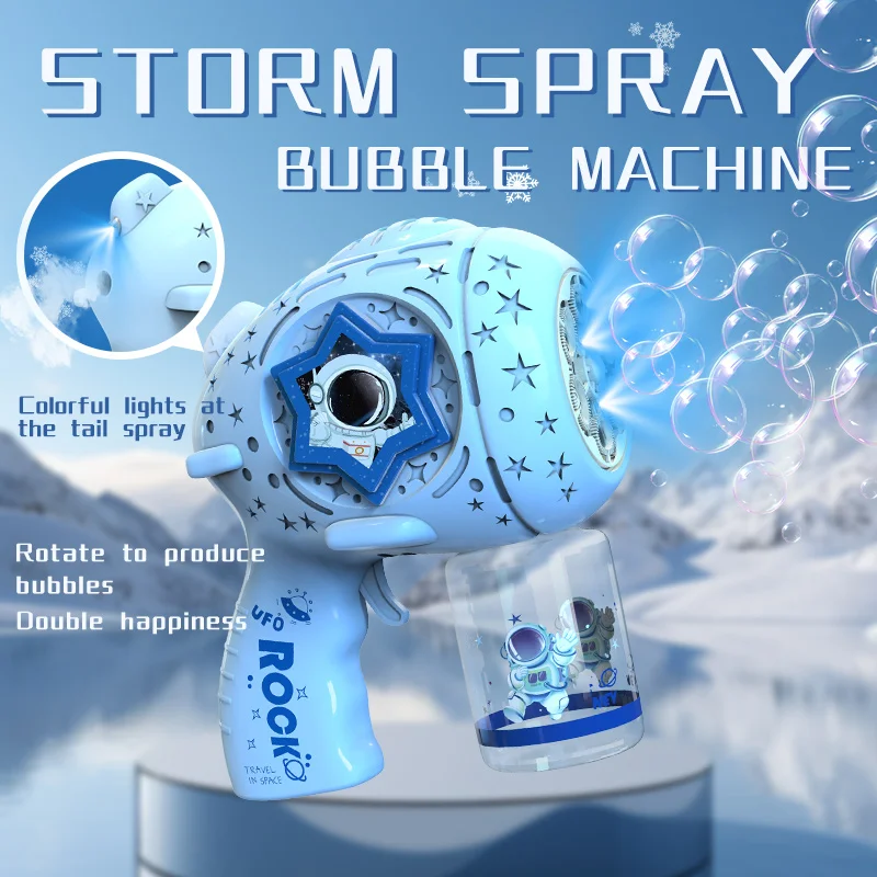 O spray traseiro da metralhadora elétrica de bolhas blizzard gira para produzir bolhas. É um presente de festival para meninos e meninas