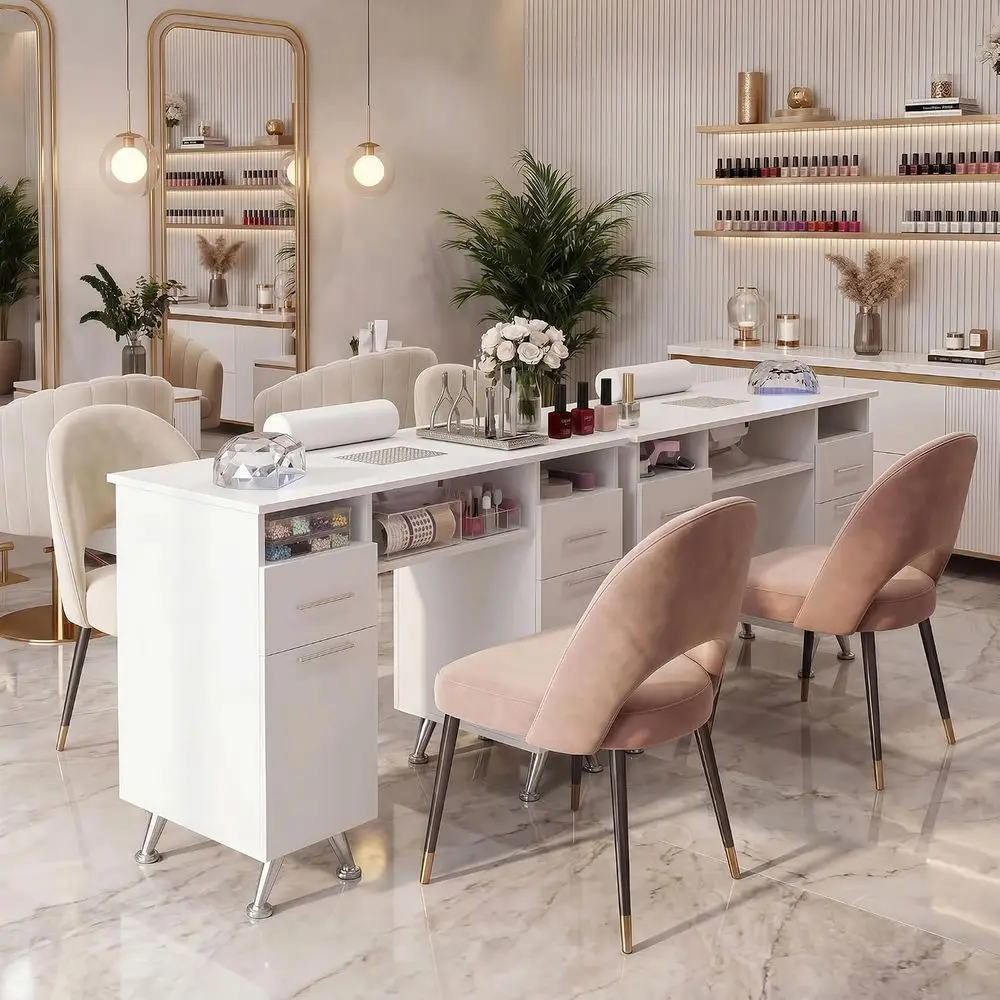 Professional Nail Technician Desk with Upholstered Leather Cabinet and Crystal-Toned Storage for Beauty Studios