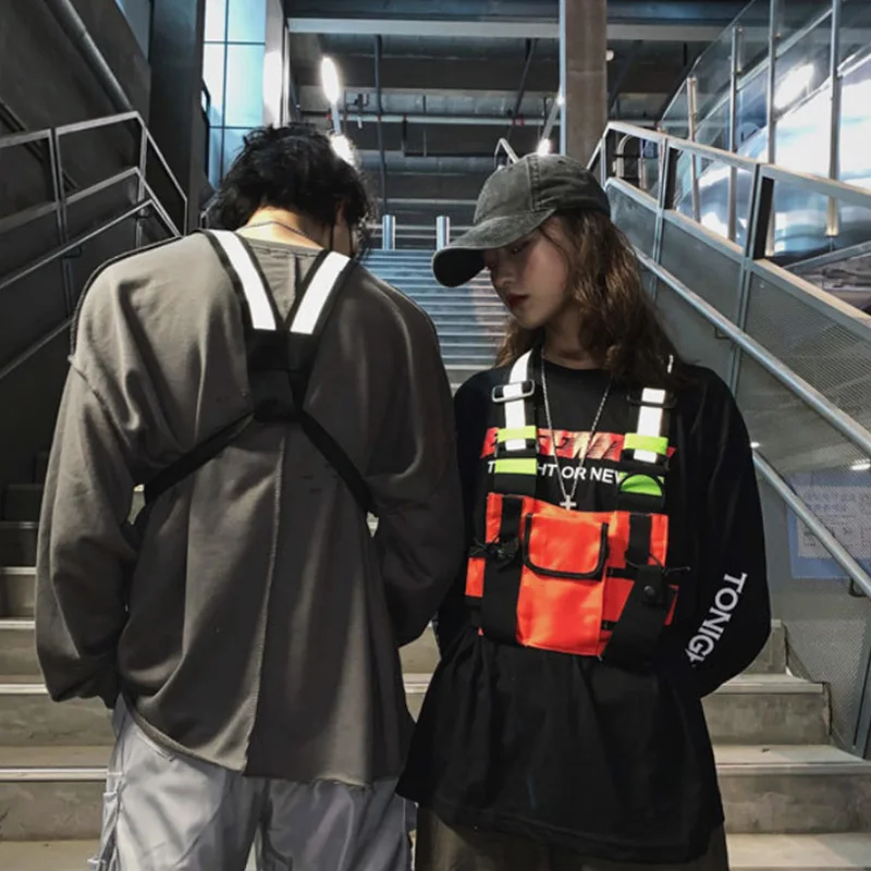 Tas Dada Taktis Fungsional Rompi Hip Hop Wanita Tas Pakaian Jalanan Tas Pinggang Uniseks Tas Rig Dada Ransel Rompi Reflektif Mode