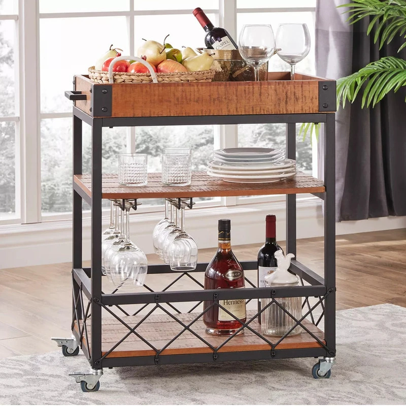 Bar Wine Rack Cart Kitchen food truck Serving Buffet sideboard with Wine Rack Glass multi function cart three tier Holder