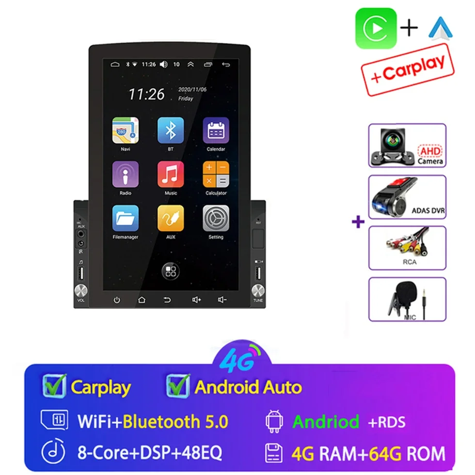 Android 15 Auto Auto Radio Universeel Voor 10.1 inch Voor Tesla Stijl Verticaal Scherm Multimedia Navigatie Carplay 2 Din 4G + WIFI