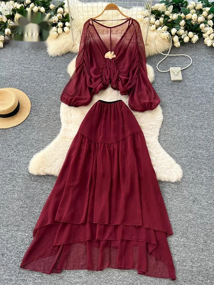 

High Quality Chiffon Vacation Suits Autumn Women Long Sleeves Casual Blouse+Long Skirts Sheer Bohemian Two Pieces Sets