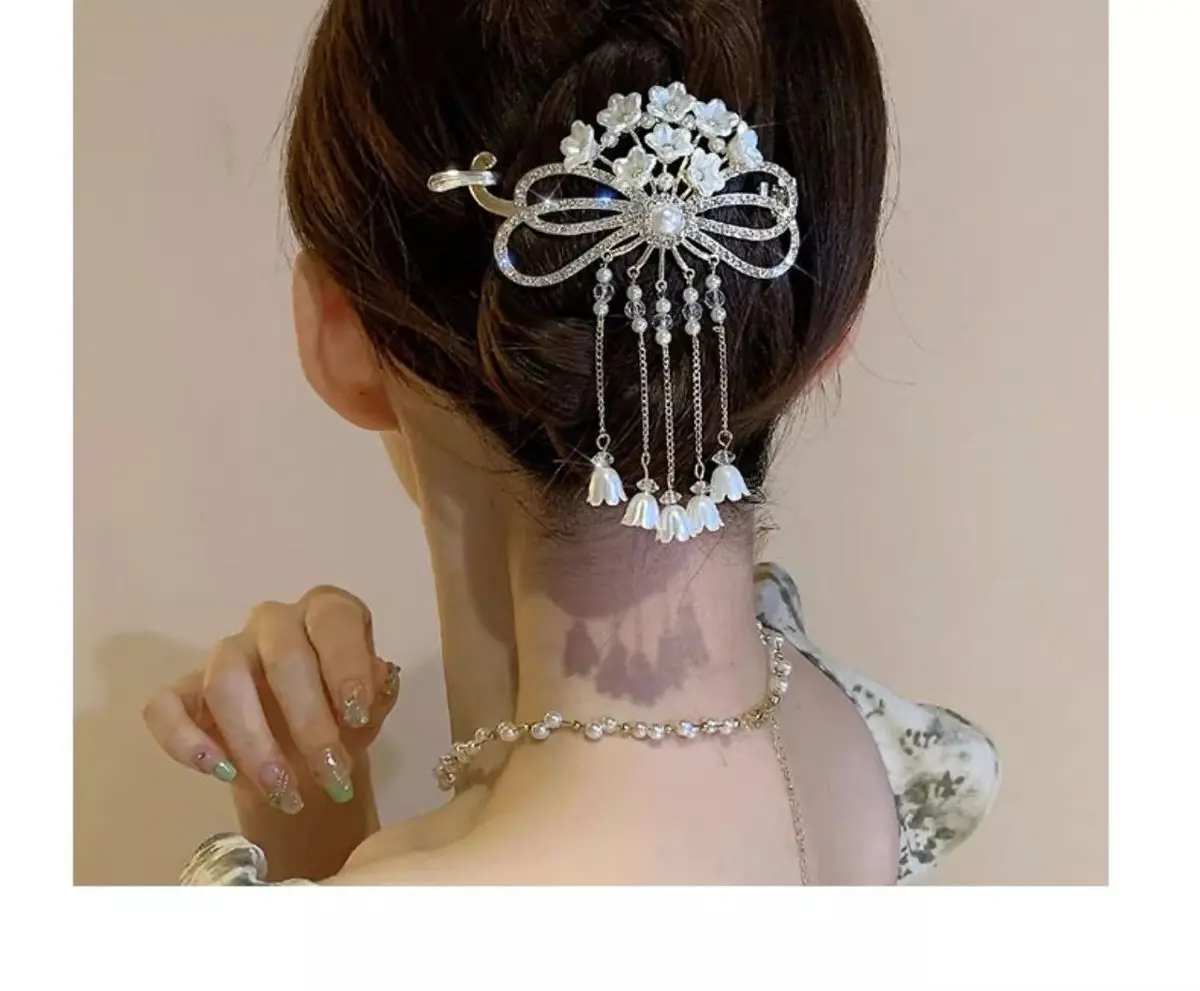 Legierung Blume Perlen Quaste Twist Haarspange für Frauen Haarspangen Haarnadeln High-End-Rückseite des Kopfes Clip Lady 2025, neue Kopfbedeckung – Detail 3