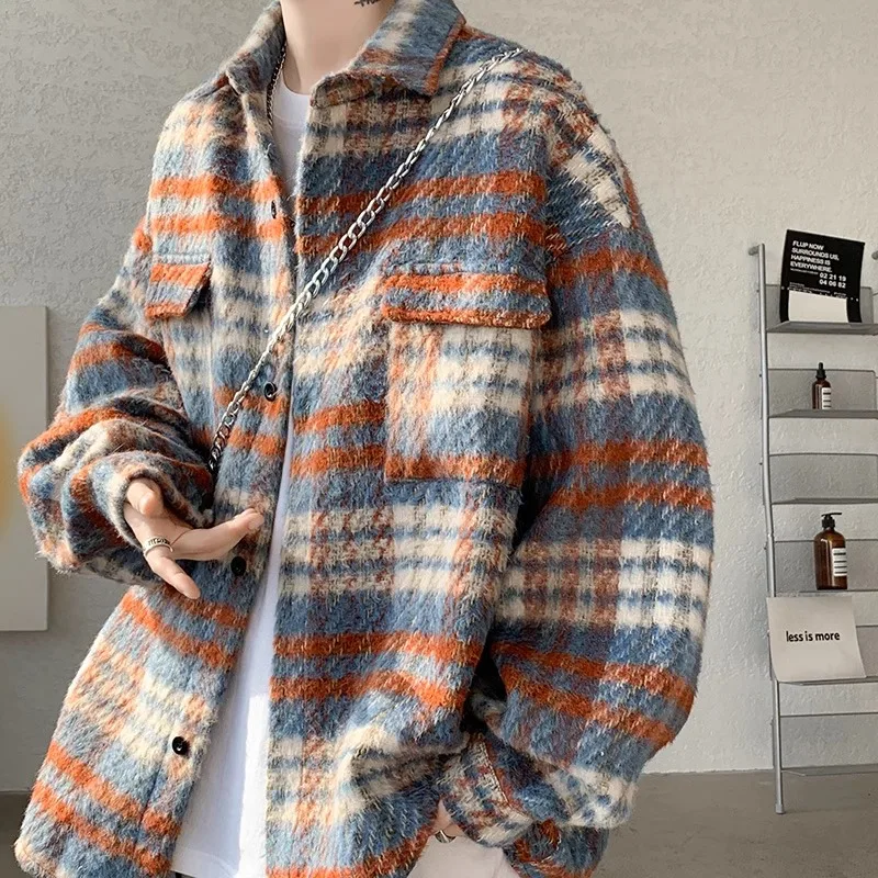 Autumn New 2024 Loose and Popular Striped Plaid Woolen Jacket for Male Students, Hong Kong Style Jacket